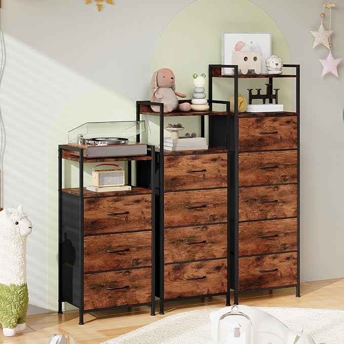 Somdot Tall Nightstand for Bedroom, Tall 5 Drawers Dresser, Vertical Storage Tower Unit, Nightstand Furniture with Fabric Drawer Organizer in Bedside Kids Room, Laundry Entryway, Wood Grain Print