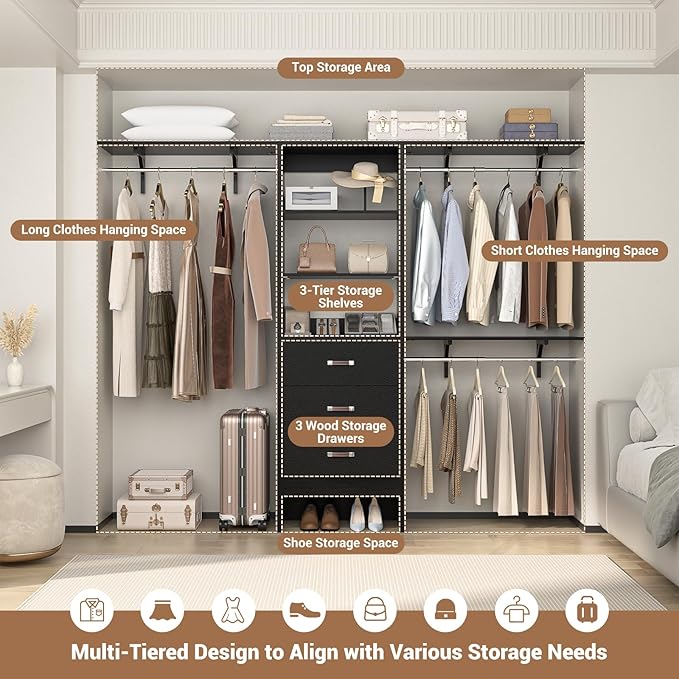 Besiost Closet System with Drawer - 8FT Wood Closet Organizer System with 3 Hanging Rods and Shelving Tower, 96" Walk In Closet Organizer Wardrobe, Heavy Duty Garment Rack Clothes Rack, Black