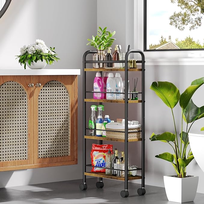 Asgolion Slim Storage Cart, 4-Tier Small Rolling Cart with Wheels, 5.9" Deep, Narrow Bathroom Shelf Trolley for Kitchen, Bathroom, Laundry Room, Rustic Brown Standard 4-Tier (5.9" W x 33.6" H)