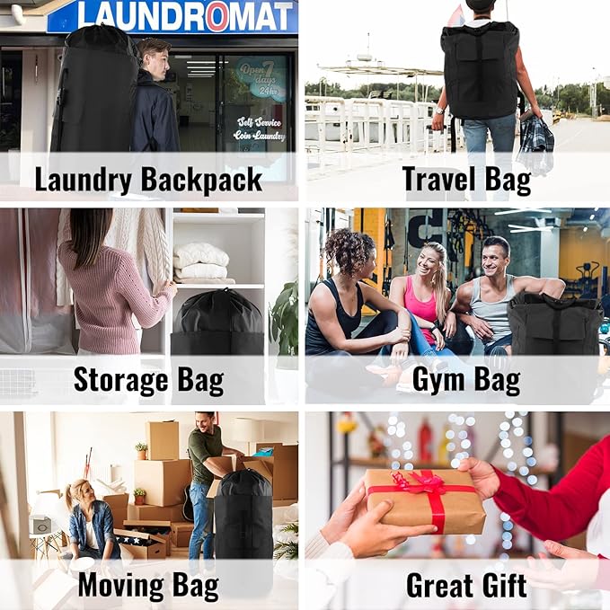 Laundry Backpack Bag 125L Extra Large, Heavy Duty for College Dorm & Apartment, Durable Thick Material Laundry Hamper with Padded Straps for Easy Carry, 3 Pockets for Travel & Laundromat (Black)