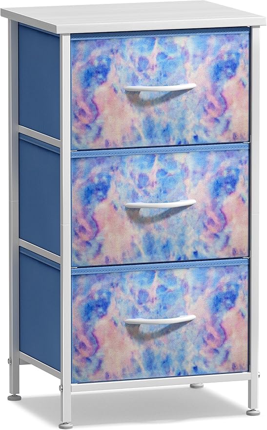 Sorbus Nightstand with 3 Drawers - Bedside Furniture & Accent End Table Chest for Home, Bedroom, Office, College Dorm, Steel Frame, Wood Top, Easy Pull Fabric Bins (3-Drawer, Blue Tie-dye)