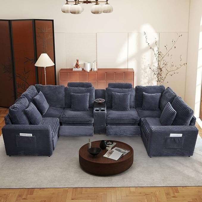LEVNARY 6-Seat U Shaped Modular Sectional Sofa with Power Recliners, Faux Rabbit Fur Upholstery, Storage Console with Charging Ports & Cup Holders, Living Room Couch Set for Home Office (Gray)