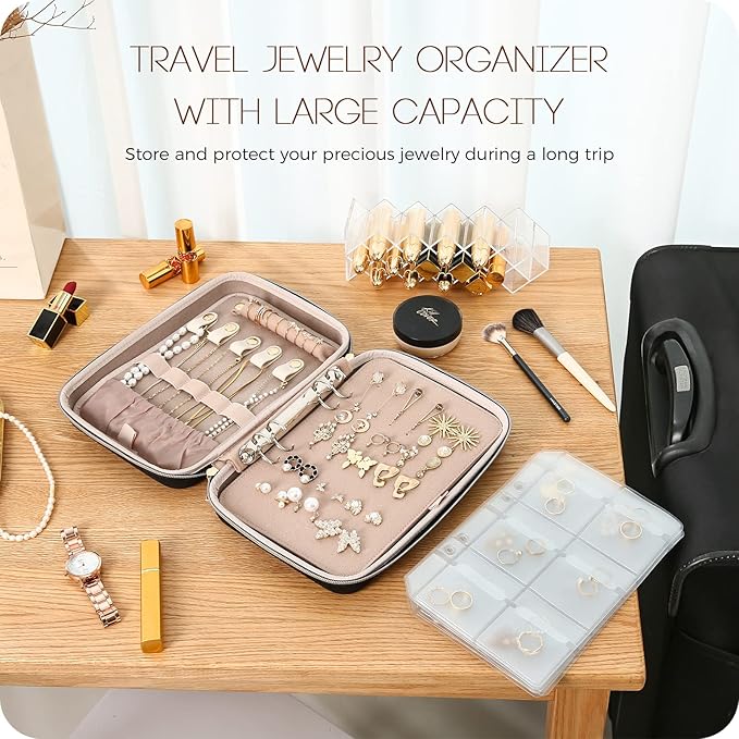 ProCase Large Travel Jewelry Organizer Case, Jewellery Home Storage Book Ring Binder with Clear Pockets for Presentation, Zippered Pouch Bag for Earrings Necklaces Bracelets -Black