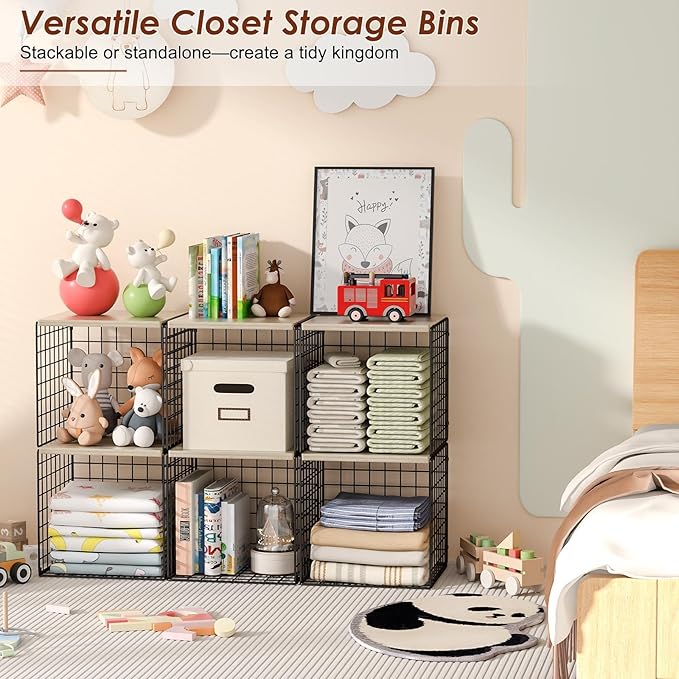 Hencawima 4-Tier Stackable Closet Organizers and Storage, Dual-Layer Reinforced Clothing Cube Shelves with Wood Tops, Sturdy Clothes Storage Bins & Shelf Basket for Wardrobe, Closet Organizer System