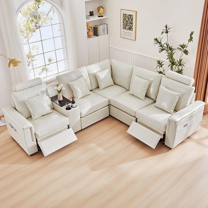 LEVNARY 5-Seat L Shaped Modular Sectional Sofa with Power Recliners, Upholstered Faux Leather Couch Storage Console with Charging Ports & Cup Holders, Living Room Couch Set for Home Office (White)