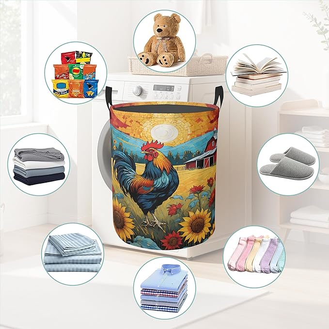 Laundry Basket With Handle, Dirty Clothes Laundry Hamper, Oxford Cloth Bin Storage Organizer for Toy Collection (Vintage Rooster)