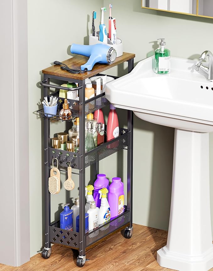 OKZEST Rolling Slim Storage Cart, 4-Tier Narrow Bathroom Organizers and Storage Cart, Metal Narrow Kitchen Laundry Room Organization Shelf with Wood Top, Slim Utility Cart with Wheels for Small Space