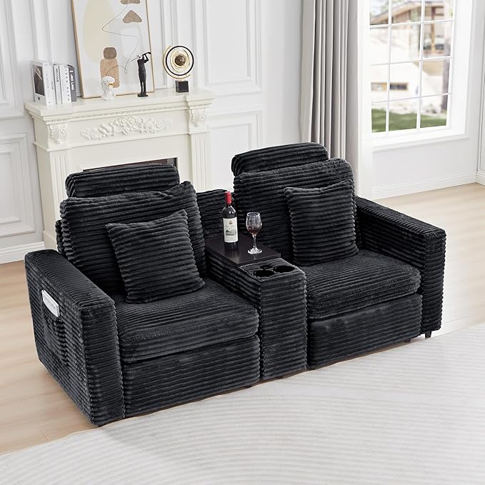 LEVNARY 2-Seater Modular Reclining Sofa with Center Console, Faux Rabbit Fur Power Recliner Loveseat with Cup Holders, USB Charging, Side Pockets & 2 Pillows, Living Room Furniture (Black)
