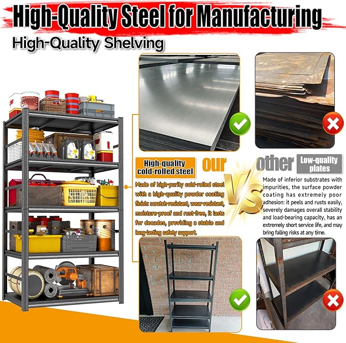 PRESTELION Garage Shelving Heavy Duty 3500LBS Garage Storage Shelves 5-Tier Adjustable Metal Shelving Units for Industrial, Warehouse, Basement, Commercial, 63" H × 48" W × 24" D, Black