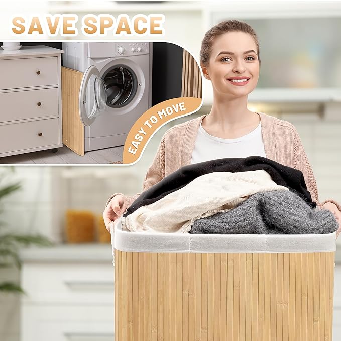 Aliphon 72L Slim Laundry Hamper with Lid, Foldable Bamboo Clothes Laundry Basket with Handles, Removable and Machine Washable Liner, for Bedroom, Bathroom, Dorm, Natural Beige