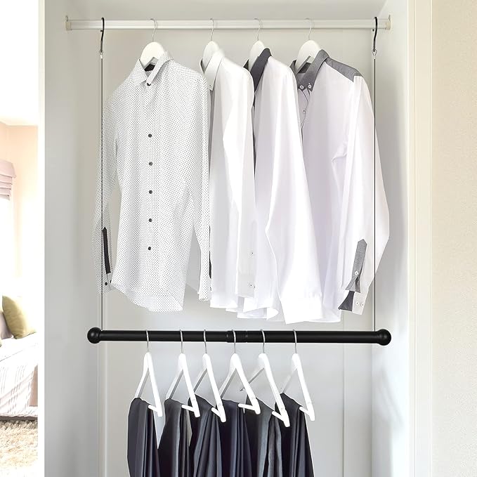 2 Pieces Hanging Closet Rod, Adjustable Width and Height, Clothes Hanging Bar Closet Organizer Rod Double Closet Rod Poles for Hanging Clothes Indoor Outdoor Closet Space-Saving (Black)