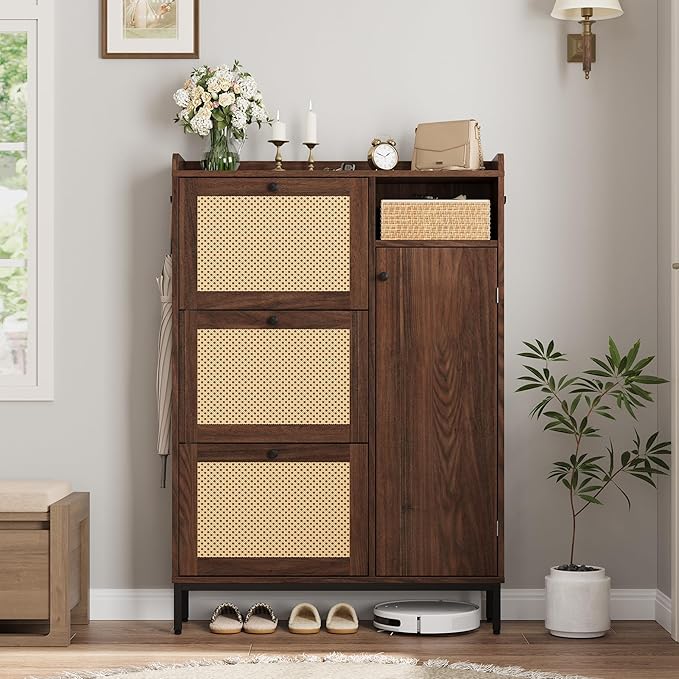 GarveeHome Shoe Cabinet Rattan with 3 Flip Drawers and 4-Tier Shoe Storage Cabinet, Freestanding Shoe Organizer with Adjustable Shelves for Entryway, Closet, Hallway