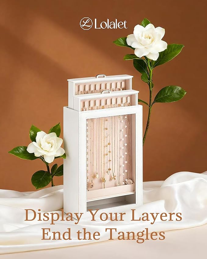 Lolalet Necklace Organizer Box, Jewelry Storage Box with Clear Window for Necklaces Bracelets, Tangle-Free Necklace Display Case for Women Girls, Mothers Day Gift