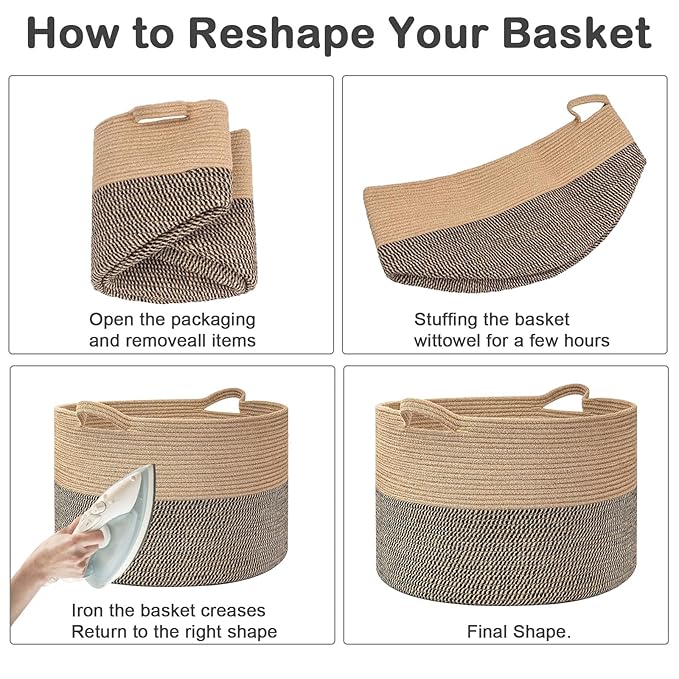 65L Large Blanket Basket,Woven Rope Laundry Basket Hamper with Handles,Decorative Nursery Basket Storage Bin for Toys, Pillows , Clothes Organizer, Living Room, Bedroom, Bathroom, Dark Blue