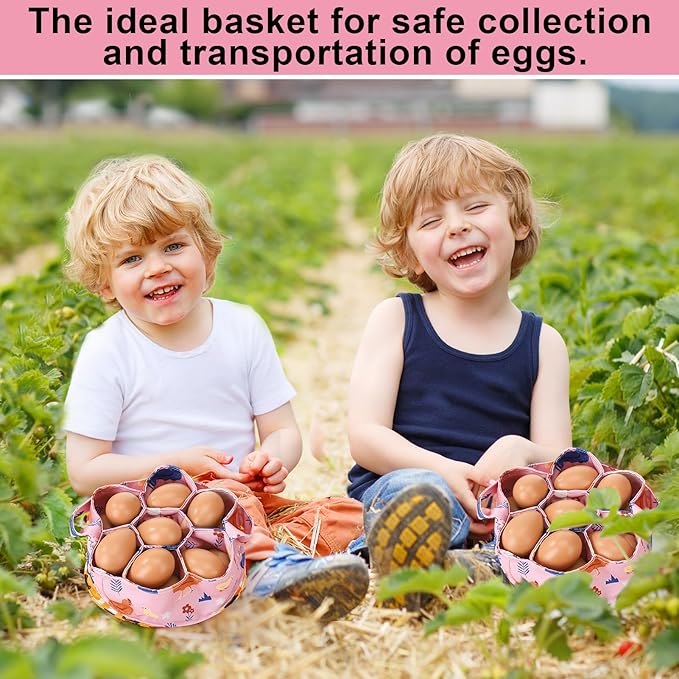 Egg Collecting Basket, Canvas Egg Basket for Gathering with 7 Pouches for Chicken, Duck, Goose, Bird, Various Poultry Collection (Cartoon Chicken Style 1)