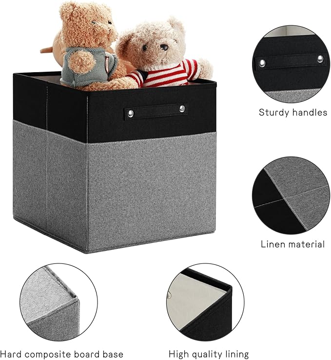 FinishingBo 13 x 13 Inch Fine Linen Storage Bins with Handles,Fabric Cube Boxs,Basket Organizers for Shelves for Home, Closet Drawers (Black/Gray-4 Pack)