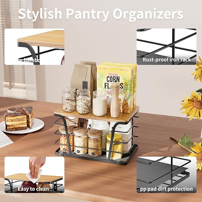 TIDIIABODE Pantry Organizers and Storage - Stackable Wire Basket with Lightweight PP Mat & Bamboo Top for Fruits Vegetables,Fruit Holder for Kitchen Countertop,Black