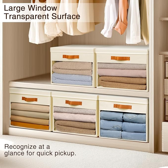 Homsorout Large Storage Bins with Lids - 6 Pack Foldable Decorative Organizers with Clear Windows & Handles, Cube Storage Organizers for Clothes, Blankets, Sweaters, CD, Beige