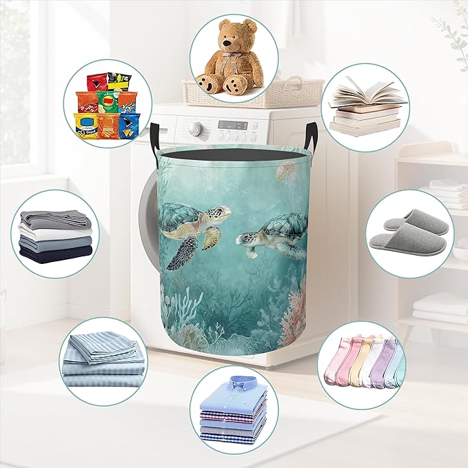 Laundry Hamper Foldable Oxford Cloth Turtle Beach Palm Trees Laundry Basket With Handle Portable Clothes Storage Organizer Basket Storage Bag For Laundry Room/Bedroom/Bathroom