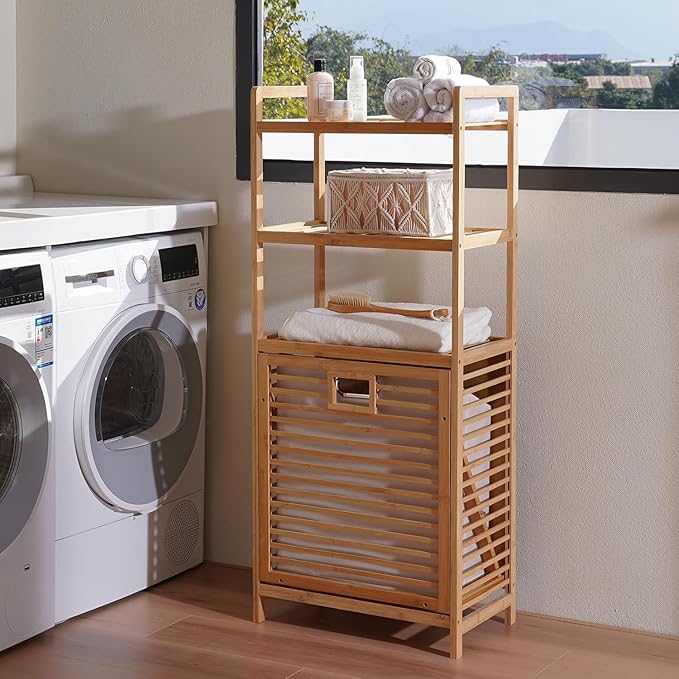 Baveke Bamboo Laundry Hamper with 3 Tier Shelves & Tilt Out Basket, Laundry Baskets Organizer Hampers Bathroom Storage Shelf for Laundry Room, Bathroom, Guest Room(3-Tier, Large)
