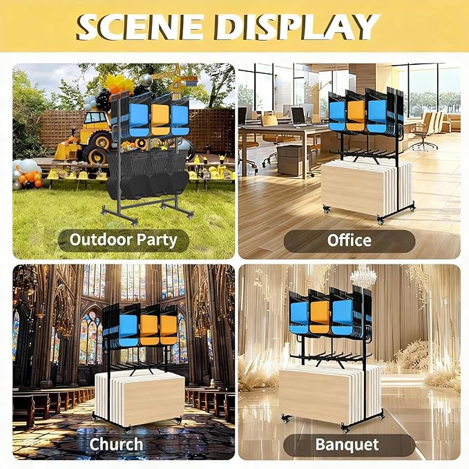 Folding Chair Racks for Storage, Heavy-Duty Folding Chair Cart with 1100 LBS Capacity for 12 Tables or 84 Chairs, Multi-Function Chair Storage with Swivel Wheels, Dust Cover, 2 Binding Ropes