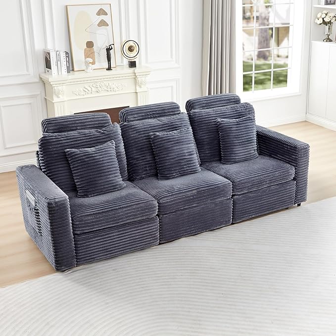 LEVNARY 3-Seater Modular Reclining Sofa, Faux Rabbit Fur Power Recliner Couch with 3 Electric Seats, 3 Pillows & Side Pockets, Adjustable Back & Footrest, Living Room Furniture (Gray)