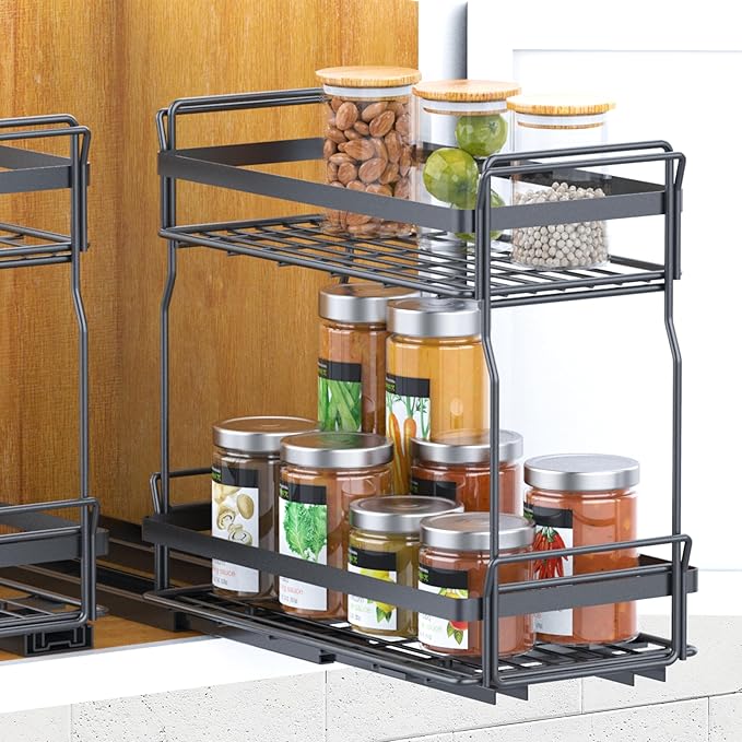 Pull Out Spice Rack Organizer for Inside Kitchen Cabinets, Heavy Duty Slide Out Seasoning Kitchen Organizer, 2 Tier Vertical Sliding Seasoning Organizer, 10.5" D x 5.1" W x 9.6" H