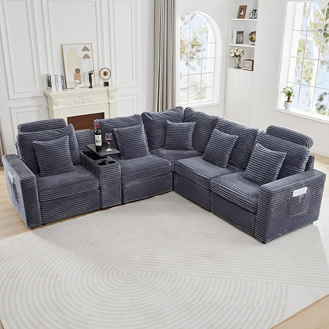 LEVNARY 5-Seat L Shaped Modular Sectional Sofa with Power Recliners, Faux Rabbit Fur Upholstery, Storage Console with Charging Ports & Cup Holders, Living Room Couch Set for Home Office (Gray)