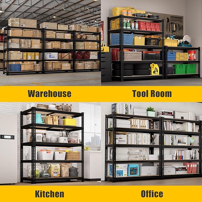 71" H x 35.5" W x 16" D 5-Tier Metal Storage Shelves: Heavy Duty Garage Shelving Adjustable Shelves for Storage - Black Utility Rack Shelf for Pantry, Warehouse, Office, Kitchen, 3PCS