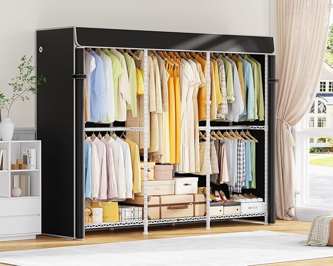 ULIFHOME E14C Pro Heavy Duty Closet Organizer System,Freestanding Clothing Racks for Hanging Clothes,Adjustable Garment Rack 70.1"W × 16.6"D × 76.4"H Hold 960 lbs,White Rack with Black Dustproof Cover