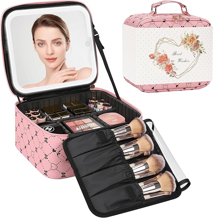 Relavel Travel Makeup Bag With LED Mirror, Compact Cosmetic Organizer Storage with Brush Compartment, 3 Colors in Adjustable Brightness, Adjustable Dividers, Make Up Train Case - Pink Bowknot