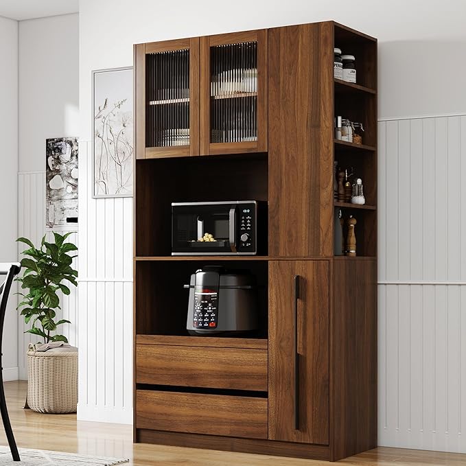 Farmhouse Kitchen Pantry Cabinet, 70.87" Tall Freestanding Cupboard with Multi-Tier Storage Rack and Microwave Stand for Kitchen, Dining Room, Walnut