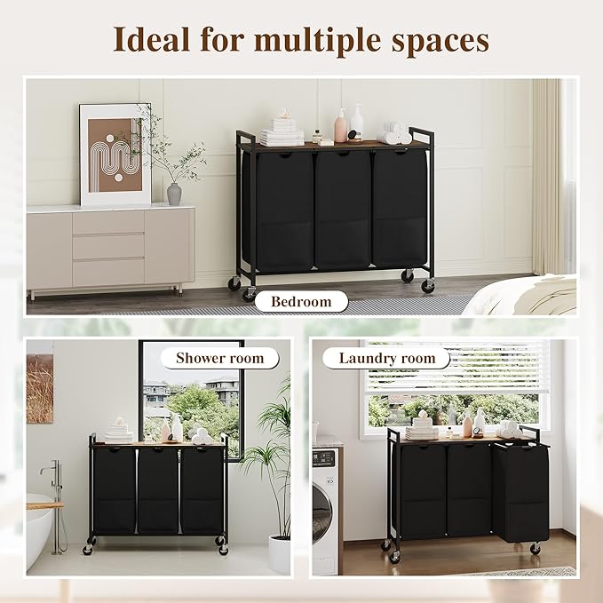 Laundry Sorter with Wheels & 100lb Top Shelf, Rolling 3 Section Removable Pull-Out Fabric Bags Hamper Basket, Sturdy Rustic Brown Black Iron Organizer for Room Organization