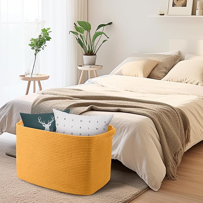 MEGASKET Extra Large Orange Storage Basket, 23.6" x 17" x 12" Rectangle Baskets for Organizing, Blanket Toy Bin Organizer, Colorful Woven Cotton Rope Baskets for Decor