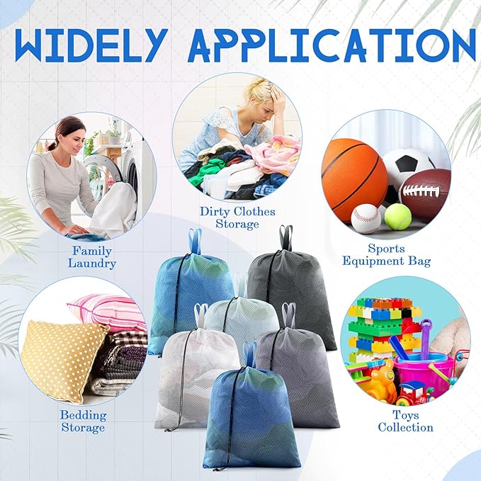 6 Pack 20 x 17 Inches Blue Soft Mesh Laundry Bag with Handles Machine Washable Secure Drawstring Closure Large Sturdy Mesh Net Laundry for College Travel Dorm Laundromat