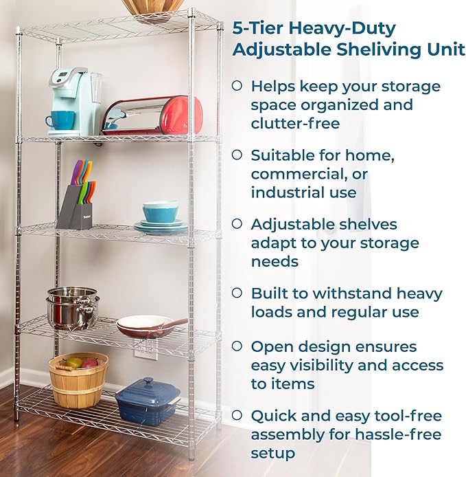 Honey-Can-Do 5-Tier Heavy Duty Adjustable Shelves, Metal Storage Rack with 200-lb Shelf Capacity, Chrome, 14" W x 36" L x 72" H