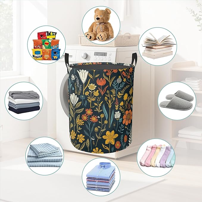 Wildflowers Laundry Basket With Handles Tote Bag Oxford Cloth Funny Laundry Hamper Clothes Storage Bucket Toy Organizer 16" X 20.8"For Bathroom/Laundry/Bedroom