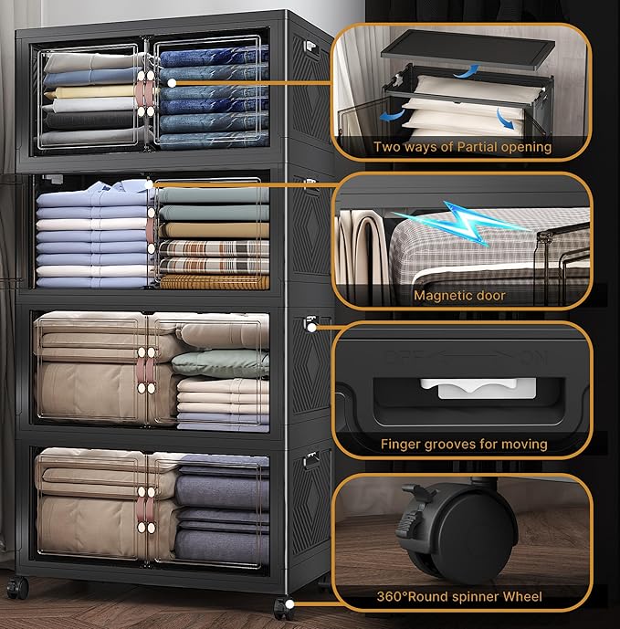 UAMFURI Extra Large Stackable Storage Bins with Lids & Wheels, 480QT-120QT/30GAL*4Pack Foldable Collapsible Closet Organizers Storage Cabinet with Doors for Bedroom Dorm