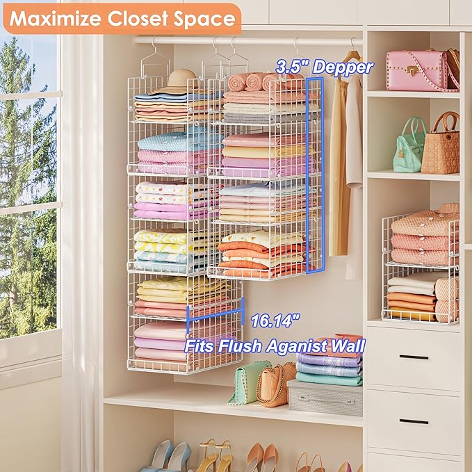 8-Tier Extended Depth Hanging Closet Organizers and Storage for Closet System, Stackable Closet Shelves with 4 Adjustable Dividers for Clothes Sweaters Purses, Wire Hanging Basket Fits Closet Laundry
