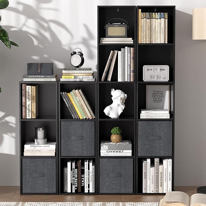 4 Cube Storage Organizer, 4 Tier Cube Low Bookcase Freestanding Storage Display Organizer, Four-Cubes Open Shelf Bookshelf for Home Office (Black, 4-Cube)