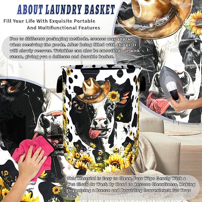 Cows Sunflowers Laundry Basket Foldable Animals Laundry Hamper With Handle Portable Oxford Cloth Clothes Storage Basket Laundry Bag 18.9"x16.5" For Laundry Room/Bedroom/Bathrooms