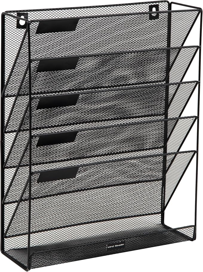Mind Reader 5-Pocket Vertical File Storage, Desktop Organizer, Wall Mount, Office, Metal Mesh, Black