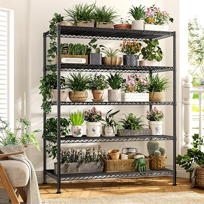 REIBII 45.8" W Storage Shelves, Heavy Duty 5-Tier Wire Shelving Unit, Adjustable Metal Shelving for Pantry Kitchen Supermarket Commercial Stockroom Restaurant, Tool-Free Assembly, Black