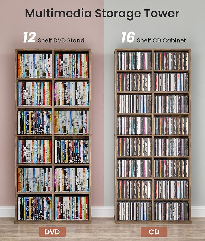DVD Storage Tower, 16 Shelf Multimedia Storage Tower with Adjustable Shelves 8-Tier CD Cabinet for Living Room Home Office