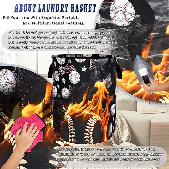 Foldable Funny Baseball Laundry Basket Sports Print Laundry Hamper With Handle Portable Oxford Cloth Clothes Storage Basket Laundry Bag 18.9"x16.5" For Laundry Room/Bedroom/Bathrooms