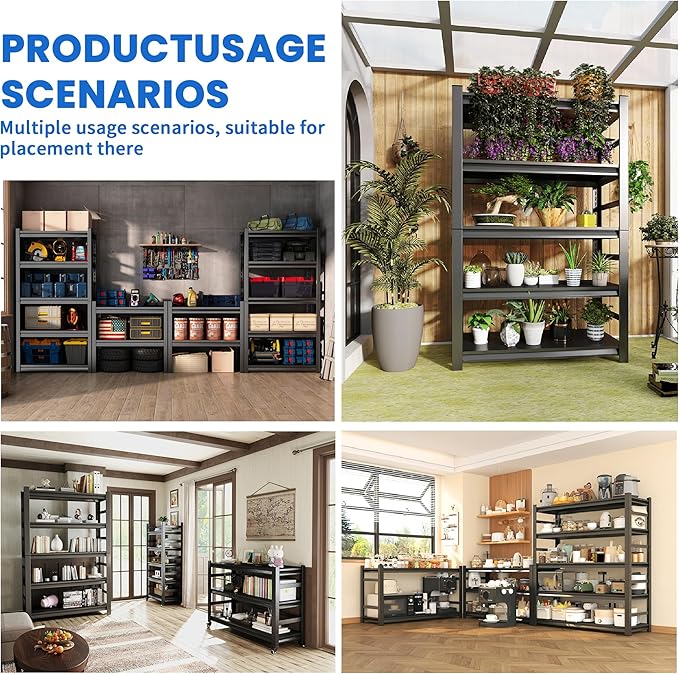 48" W Garage Shelving Garage Shelf Unit Storage Shelves Heavy Duty Metal Shelving Organizer Industrial Shelves for Warehouse Basement Kitchen Pantry, Black, 72" H X 48" W X 24" D