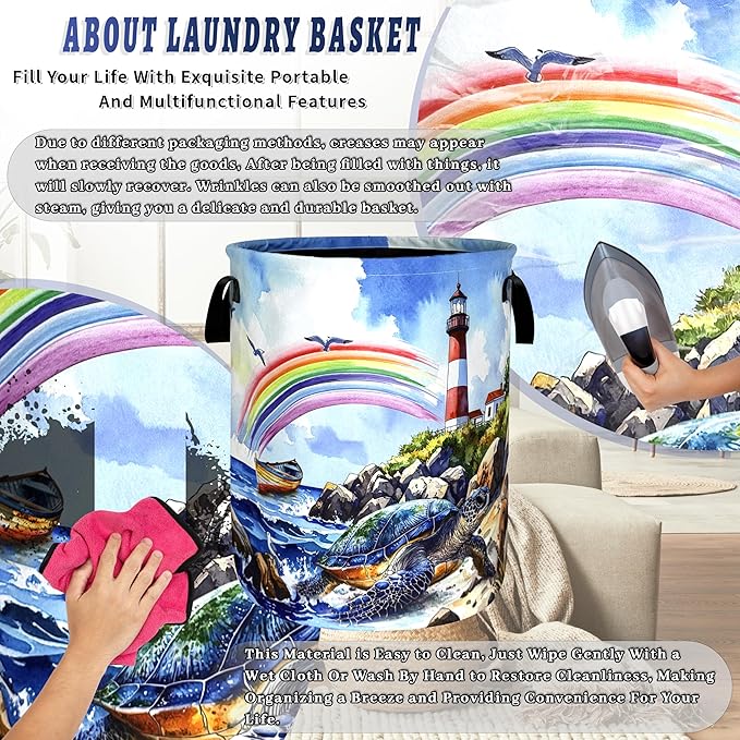 Beach Sea Turtle Laundry Basket Foldable Rainbow Ocean Animals Laundry Hamper With Handle Portable Oxford Cloth Clothes Storage Basket Laundry Bag 18.9"x16.5" For Laundry Room/Bedroom/Bathrooms