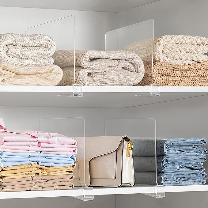 HBlife 5 Pack Clear Shelf Dividers, Vertical Purse Organizer for Closet Perfect for Sweater, Shirts, Handbags in Bedroom and Kitchen, Adjustable Acrylic Bookshelf for Organization