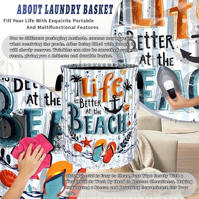Life is Better At the Beach Laundry Basket Foldable Funny Laundry Hamper With Handle Portable Oxford Cloth Clothes Storage Basket Laundry Bag 18.9"x16.5" For Laundry Room/Bedroom/Bathrooms