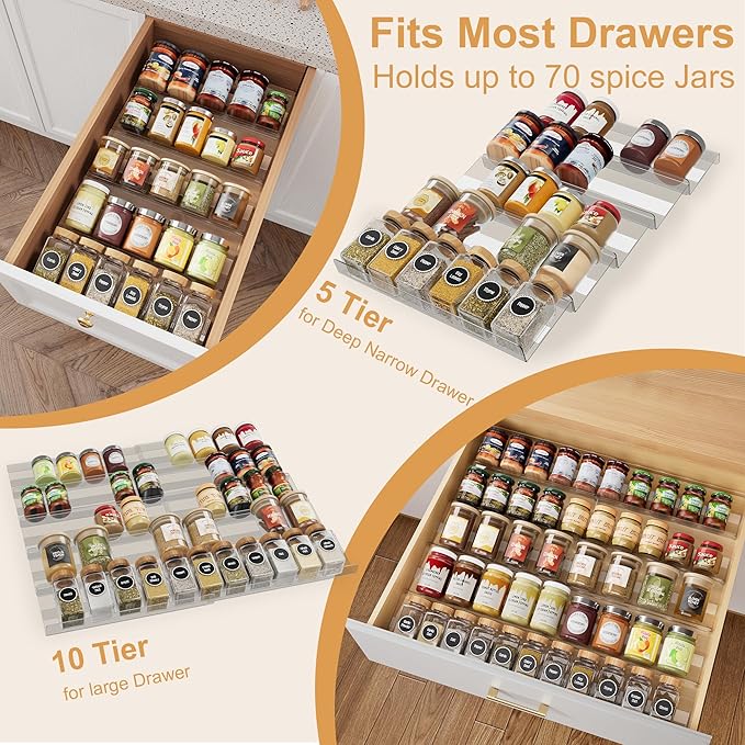 10-Pack Adjustable Spice Drawer Organizer, Expandable Seasoning Rack Tray (13" to 26"), Acrylic Spice Drawers Insert with Anti-Slip Mat, for Kitchen Cabinet (Jars not included)